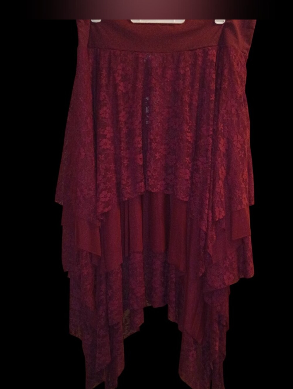 NWT Starling Reine Sz 28 Tiered Lace High-Low Skirt - Deep Burgundy